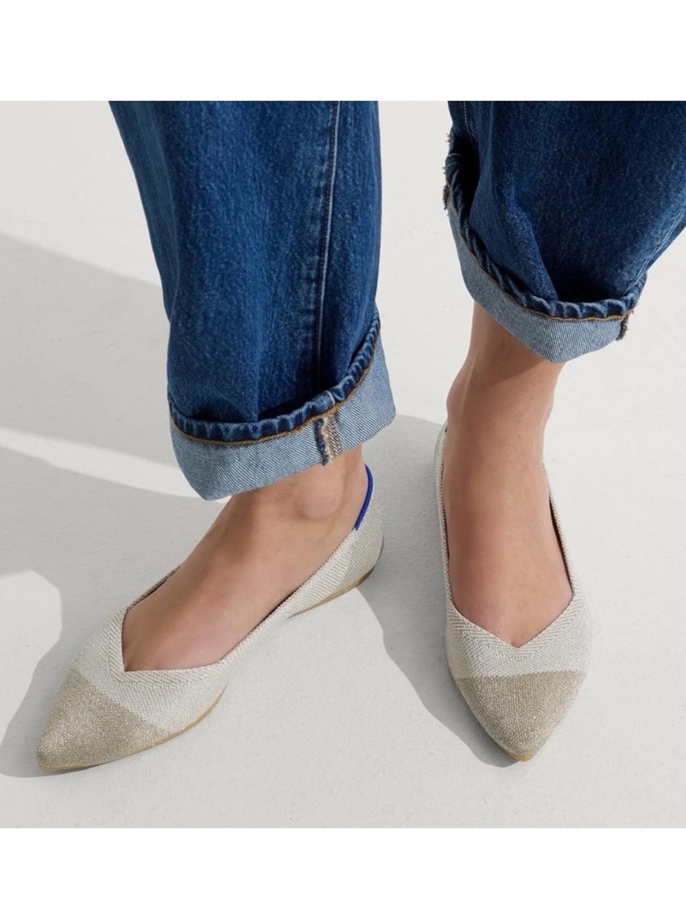 Rothy's The Point II Two-Tone Cream Gold Metallic Pointed Toe Ballet Flats